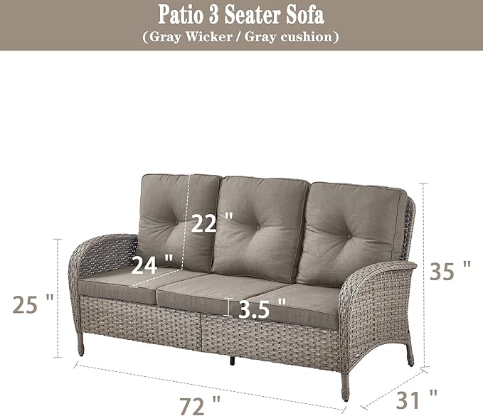 Belord Outdoor Patio Furniture - Wicker Sofa with Removable Cushion, 3 Seater Rattan Couch with Deep Seat, High Backrest, All-Weather for Balcony, Deck, Backyard, Gray