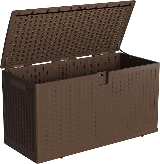 Jojoka Brown Resin Deck Box, Waterproof & Lockable Outdoor Storage Box, Patio Square Container for Package Delivery, Furniture Cushions, Garden Tools and Pool Accessories