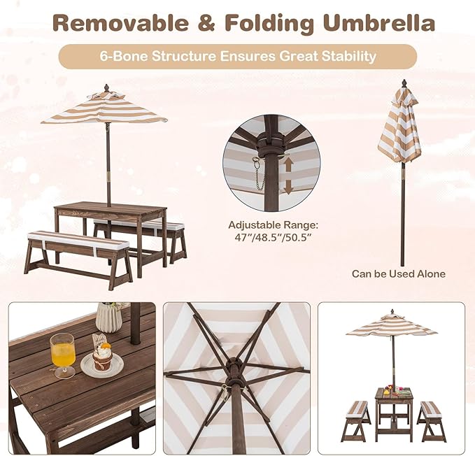 HONEY JOY Kids Picnic Table, Outdoor Wooden Table & Bench Set w/Removable Cushions and Umbrella, Stripe Fabric, Children Backyard Furniture for Patio Garden, Gift for Toddler Boys Girls Age 3+(Coffee)