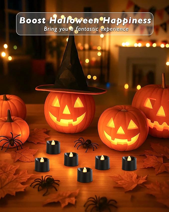 Raycare 24 Pack Black Battery Operated Tea Lights, 200+Hour Electric Flickering Flameless Candles, Realistic Votive LED Tea Lights for Wedding Party Table Christmas Halloween Decorations
