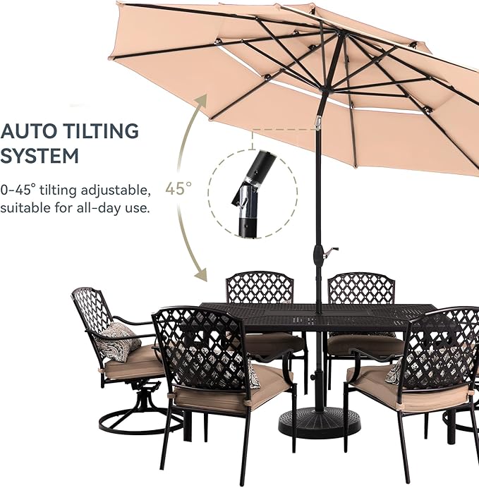 GREEN PARTY 10ft Outdoor Patio Umbrella, [Auto-Tilting] 3 Tiers Market Table Umbrellas with 1.5" Pole, 8 Sturdy Ribs, 3-Year-Non-Fading for Garden Deck Pool Backyard, Beige