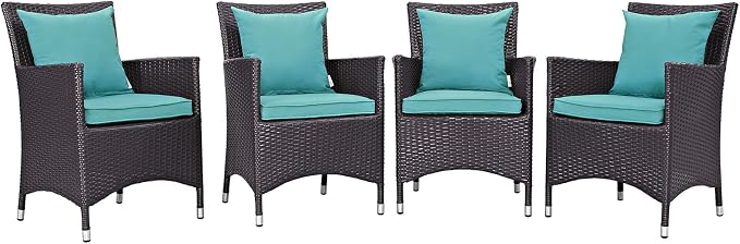 Modway Convene Wicker Rattan Outdoor Patio Dining Armchairs With Cushions in Espresso Turquoise - Set of 4