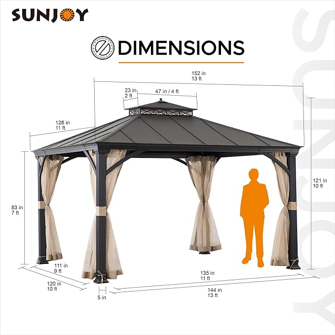 Sunjoy Hardtop Gazebo 11 x 13 ft. Outdoor Patio Black Anti-Rust Aluminum Frame, Double Tiered Gazebo with Ceiling Hook and Mesh Netting, Black