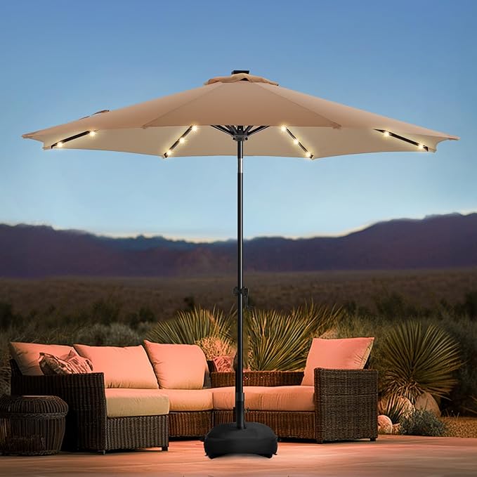 wikiwiki 10FT Solar Led Patio Umbrella with Base Included, 32 LED Lights, 8 Sturdy Ribs, Fade Resistant Waterproof POLYESTER DTY Canopy for Garden, Lawn, Deck, Backyard & Pool, Tan