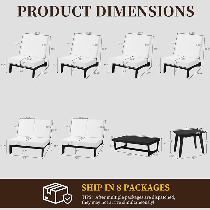 UIXE 8 Pieces All Weather Black Wood Patio Furniture Sets, 2 Patio Loveseat, 4 Patio Bistro Chair, Outdoor Sectional Sofa Furniture Backyard Conversation Set with Coffee Table - Beige