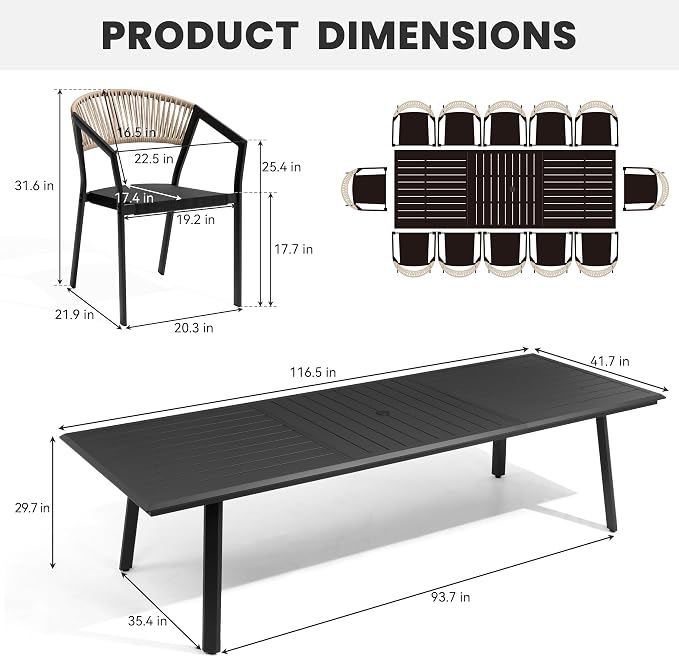13-Piece Aluminum Patio Dining Set with Stackable Wicker Chairs | 116" Rectangular Outdoor Table with Barrel Armrests Weather Resistant Furniture for Family Gatherings BBQs Parties (Brown)