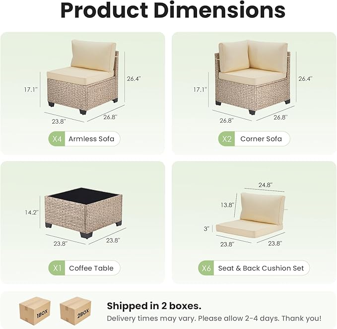 Soohow 7-Piece Patio Furniture Set, Outdoor Sectional All-Weather Wicker Patio Conversation Set for Garden, Porch, Backyard - Beige Cushions