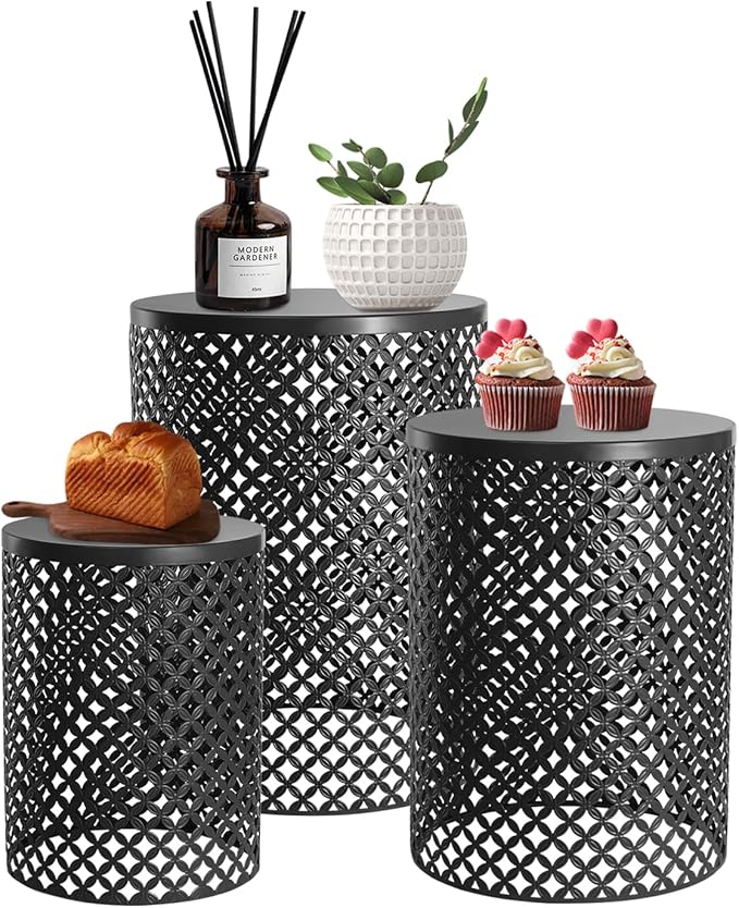 Outdoor Side Table, 3PCS Round Metal Frame Coffee End Tables, Modern Decorative Garden Stool, Multifunctional Nesting Side Table for Garden, Balcony, Cafe, Park, Pool Side (Black)