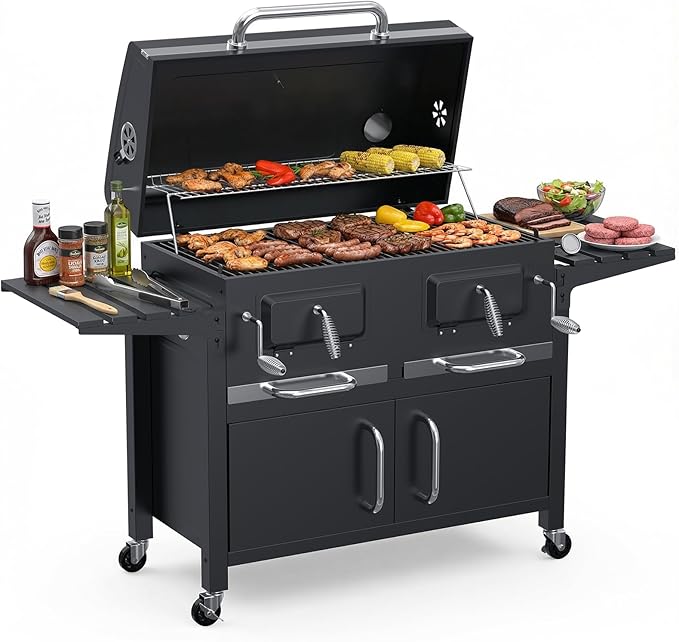 Bestfire 63" Oversized Charcoal BBQ Grill & Smoker, Large Outdoor Grill with 2 Individual Lifting Charcoal Trays, Cabinet-Style Charcoal Grills with Foldable Side Tables, 4 Wheels, Asadores de Carbon