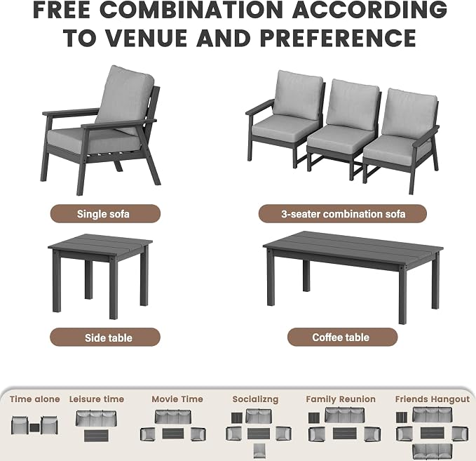 LOUNZY HDPE Patio Conversation Set, 3 pcs Sectional Outdoor Furniture Set, All Weather Outdoor Couch Set Patio Furniture Set for Deck, Lawn, Grey