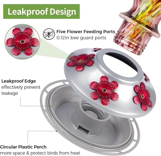 Hummingbird Feeder, BOLITE Glass Hummingbird Feeders for Outdoors Hanging, Hand Blown Twisted with Ant Moat, 5 Bee-Proof Ports, 360° Perch, Leak-Proof, 24oz, Purple, Gifts for Mom Dad Women Men