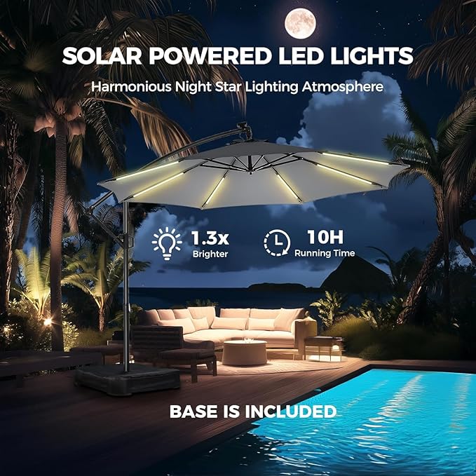 HOMSHADE 10 ft Offset Patio Umbrella with Solar Lights, LED Lighted Umbrella Outdoor Patio with Base Included, Heavy Duty Hanging Cantilever Umbrellas for Pool Deck with UV Protection&Easy Tilt, Grey