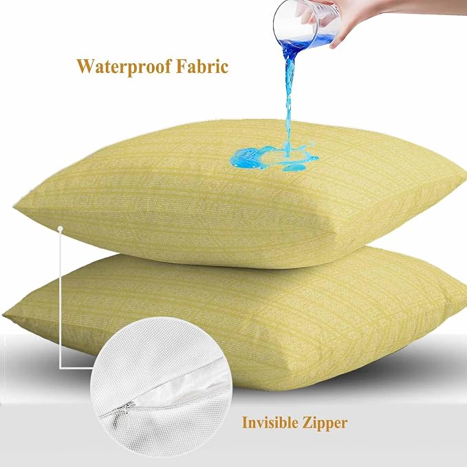 Outdoor Waterproof Throw Pillow Covers Set of 2 Yellow Stripes Grain Pillowcases 26x26 Inches Solid Color Decorative Pillows Cushion Case Patio Pillows for Couch Bed Chair Garden
