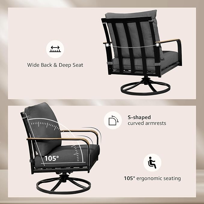 NATURAL EXPRESSIONS Patio Furniture Sets,4 Pieces Metal Outdoor Conversation Sofa Set with High Back Swivel Rocking Chairs with Anti-Scald Armrest,Double-Deck Wooden-Grain Table,6" Cushions for Yard