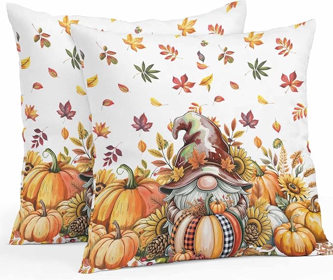 Fall Gnomes Outdoor Waterproof Pillow Covers, Thanksgiving Pumpkins Leaf Sunflowers Farm Decorative Square Throw Pillowcase Sofa Cushion Sham for Patio/Couch/Chair, 18"x18" 2 Pack