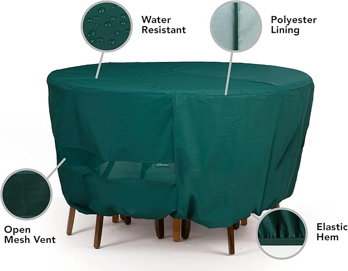 Covermates Classic Round Patio Dining Table and Chair Set Cover – All-Weather Outdoor Furniture Protection, Water-Resistant Vinyl, Elastic Hem, Mesh Vents, Full Table 72 DIAMETER x 30H, Green