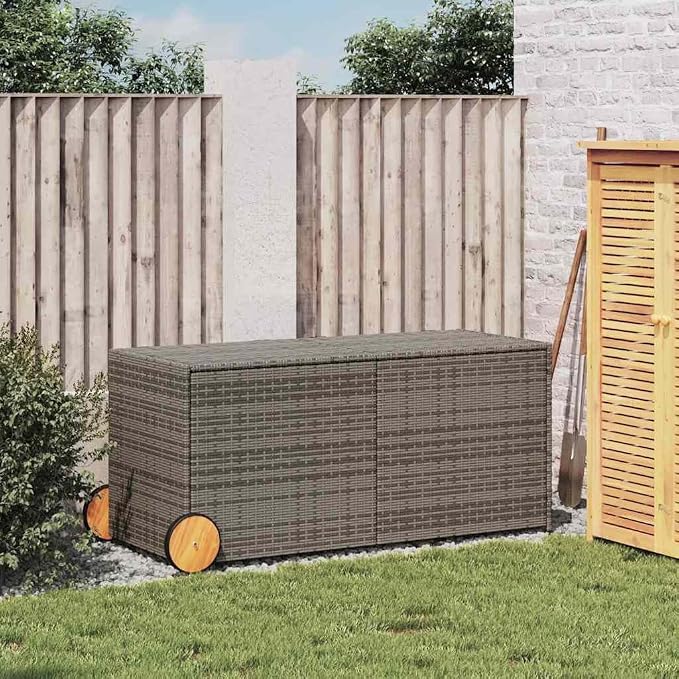 Gray Outdoor Storage Box with Wheels, 74.8 Gal PE Rattan Patio Storage Box with Gas Spring Lid and Waterproof Bag