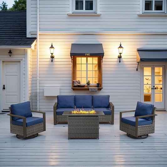 Belord Full 4 Pieces Patio Furniture Set with 41” Propane Fire Pit Table, Outdoor Conversation Set with Swivel Glider Outdoor Chair Set of 2 and Rattan Sofa for Deck Backyard