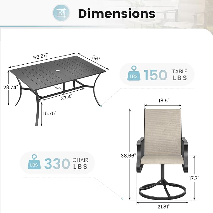7 Pieces Patio Dining Set, Patio Outdoor Furniture Set of 6 Patio Swivel Dining Chairs and Patio Spliced Rectangular Tabletop with Umbrella Hole, for Deck, Backyard, Poolside & Garden