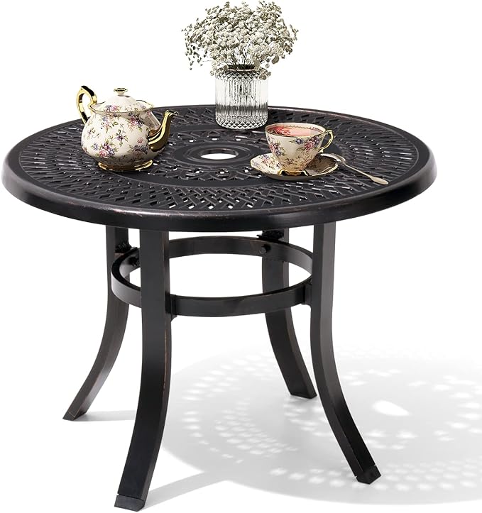 Crestlive Products Cast Aluminum Patio Side Table - Outdoor 24'' Small Round Table with Umbrella Hole Anti-Rust Design for Backyard Porch Pool Balcony, Black with Bronze Spot