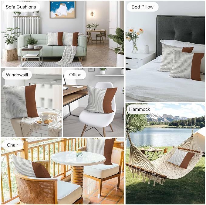 Boho Brown Leather Texture Outdoor Pillow Covers 26x26 Inch Throw Pillow Covers Set of 2 Waterproof Decorative Pillow Cases Modern Black Striped Cushion Covers for Patio Furniture Garden Couch Sofa