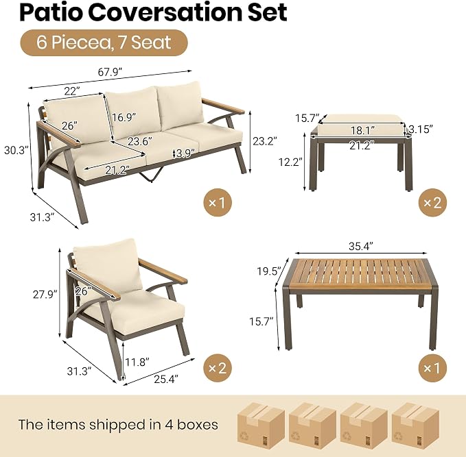 6-Piece Outdoor Patio Furniture Set,Steel Frame Sofa Set with 3-Seat Couch, 2 Armchairs,2 Ottomans & Acacia Wood Coffee Table, Cushioned Seating for Backyard, Garden,Poolside (Cream Beige#56)