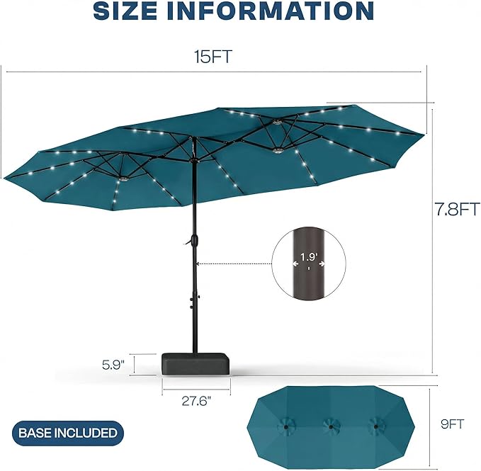 15FT Large Outdoor Patio Umbrella with Solar Lights and Base, Double-Sided Table Umbrellas with 48 LED Lights, Rectangle Market Umbrella for Pool, Deck, Backyard