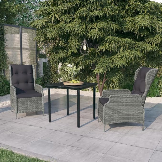 3 Piece Patio Dining Set Light Gray with Reclining Chairs, Outdoor Rattan Glass Table Set for Garden, Backyard, Balcony, Weather-Resistant Steel Frame, Removable Washable Cushion, Easy Assembly