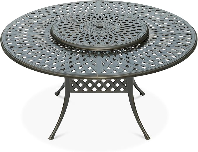 VIVIJASON Outdoor 61" Patio Dining Table for 6-8 Person, Patio Large Round Dining Table with Lazy Susan, All Weather Cast Aluminum Rustic Patio Table with 2" Umbrella Hole for Balcony, Porch and Deck