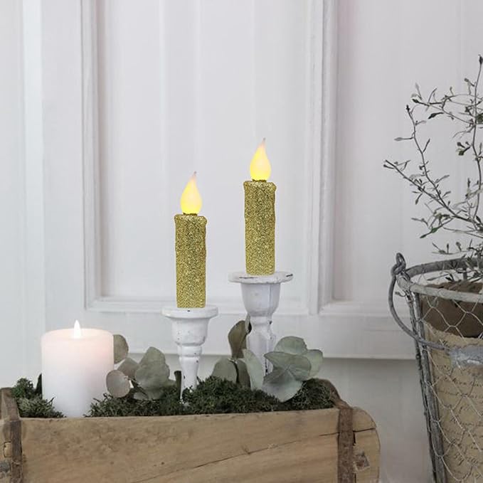 CVHOMEDECO. Glitter Flameless Candles Flickering Battery Operated LED Taper Candles with Timer for Home, Wedding, Halloween, Christmas Decor. Gold, 4-3/4 Inch, Set of 2