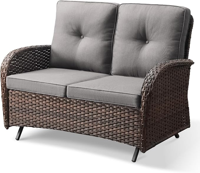 Patio Loveseat Wicker Loveseat Rattan Glider Sofa with Curved Armrest Thicking Back & Seat Cushions for Garden Balcony Backyard Brown Wicker|Grey Cushions (B) Patio Loveseat Glider