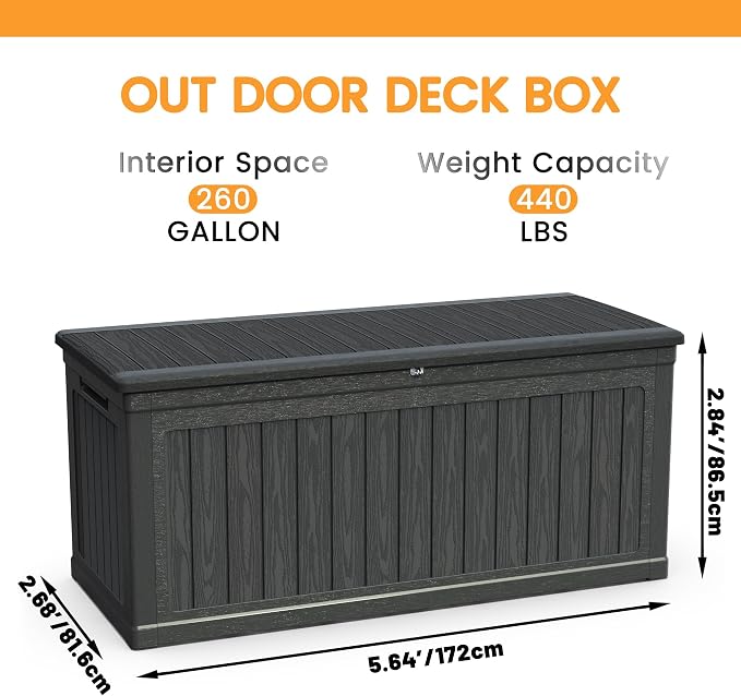 260 Gallon Large Outdoor Storage Deck Box XXL Resin Waterproof Lockable Patio Storage 68"x32"x34" Black for Patio Furniture Garden Tools Sports and Pool Equipment