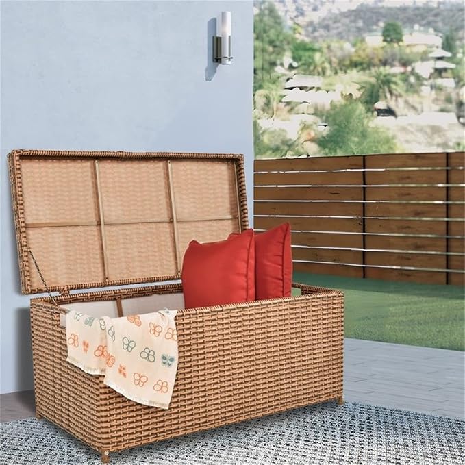 BOWERY HILL Wicker Patio Storage Deck Box, Honey Finish, 40" W x 20" D x 20" H, Resin Wicker with Steel Frame, Hinged Lid, All-Weather Outdoor Storage for Blankets, Pillows or Towels