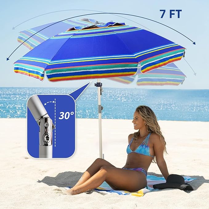 AMMSUN 7ft Heavy Duty High Wind Beach Umbrella Parasols with Sand Anchor Vent Tilt UPF 50+ Sun Protection Portable Outdoor Sunshade Umbrellas Carry Bag for Patio Garden Pool Backyard Blue