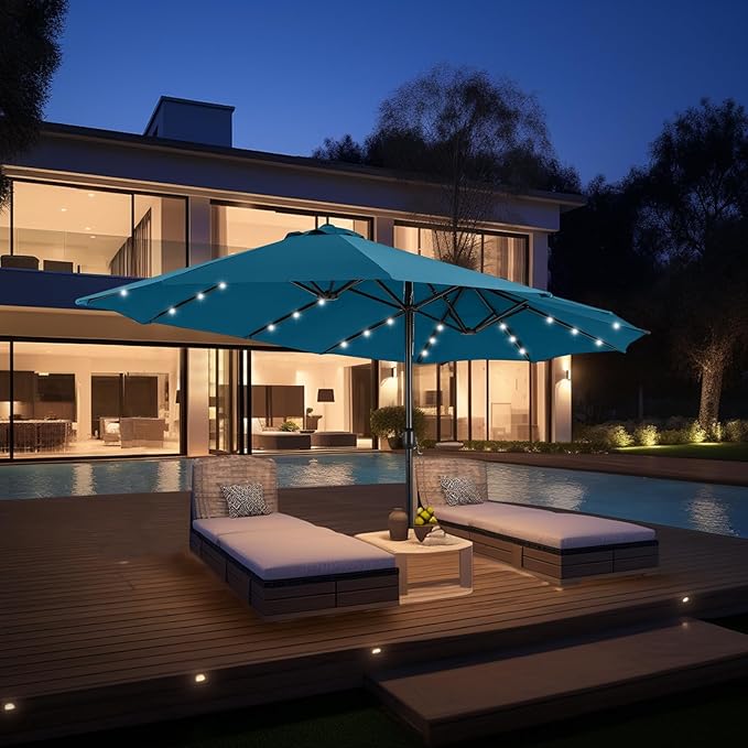 GREEN PARTY 15 ft Large Outdoor Patio Umbrella with Solar Led Lights & Base Included, Double-Sided Rectangular Table Umbrella with Stand, Market Umbrellas for Deck Poolside Garden Backyard, Cerulean