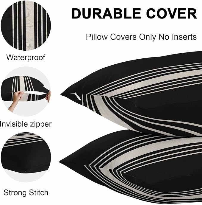 Vandarllin Outdoor Throw Pillows Covers 16x16 inch Set of 2 Waterproof Black Stripes Decorative Zippered Cushion Covers for Patio Furniture, Classic Striped Linen Lumbar Pillowcases