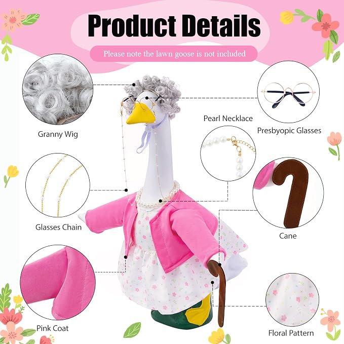 Old Lady Porch Goose Outfits with Floral Dress for 23" Cement Statues | 23 inch Funny Concrete Goose Outfit Grandma Costume with Wig Glasses Cane for Lawn Yard Garden Patio Decor(Hot Pink Floral)