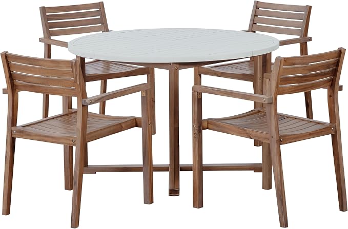 RuiSiSi 5-Piece Patio Furniture Sets for 4,Outdoor Round Dining Set for Garden, Solid Wood Table & 4 Chairs, 47.2" Round Dining Table with Slatted Design, Light Gray+Light Brown