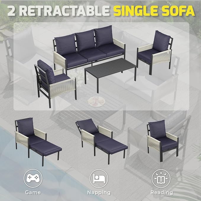 AECOJOY Aluminum Patio Sectional Furniture Set, 10-Seat, Dark Blue | 8-Piece Set, Coffee Central Table, Outdoor Conversation Set, Porch & Deck Use