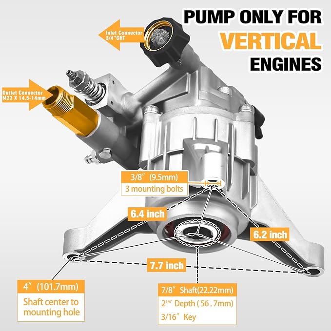 Pressure Washer Pump 7/8" Shaft, Vertical Power Washer Pump Replacement Pressure Washer Pumps for Pressure Washer 2300-2600 PSI