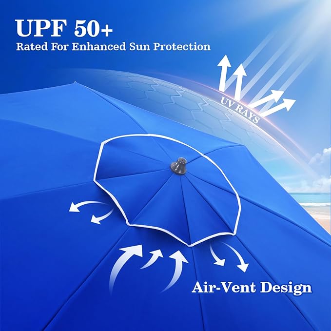 UIRWAY Beach Umbrella, Heavy Duty Windproof Beach Umbrellas with Sand Anchor & Tilt, Sun Protection Portable Beach Umbrella with Carrying Bag for Beach, Patio Garden Pool Outdoor