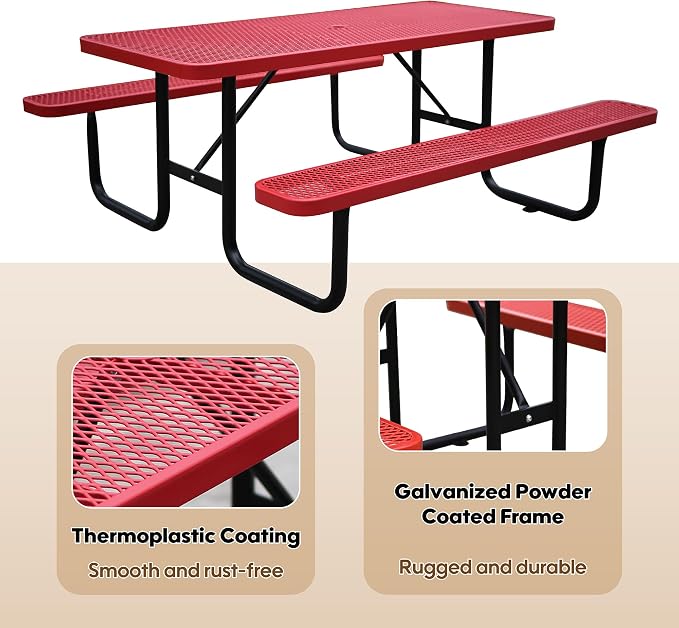 6FT Rectangular Metal Picnic Table for Outdoors, Commercial Steel Metal Picnic Tables, Heavy Duty Sturdy Picnic Tables Furniture Set for Patio Garden Courtyard BBQ, with Umbrella Hole, Red