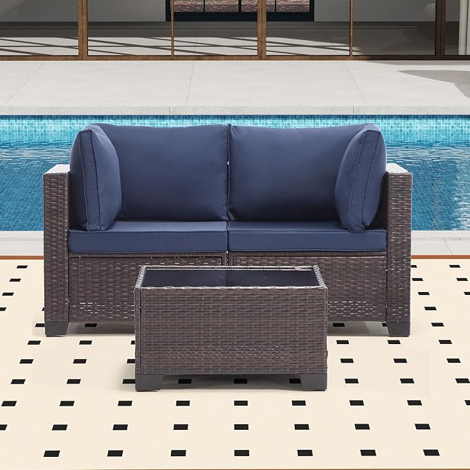 Bonzy Home 3 Pieces Outdoor Patio Furniture Set, PE Rattan Outdoor Sectional Furniture Sofa Set with Removable Cover and Glass Coffee Table, Patio Sofa for Balcony, Porch, Garden, (Brown-Navy Blue)