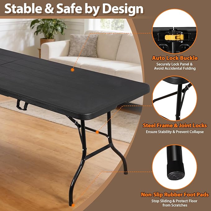 SUPER DEAL 8FT Folding Picnic Table for Indoor Outdoor, Portable Fold-in-Half Plastic Dining Camping Party Table with Carrying Handle, Black