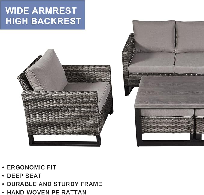 HUMMUH 6 Piece Patio Furniture All Weather Wicker Outdoor Sectional Sofa,High Back Patio Chairs,Coffee Table and Ottomans Set for Porch,Garden,Backyard