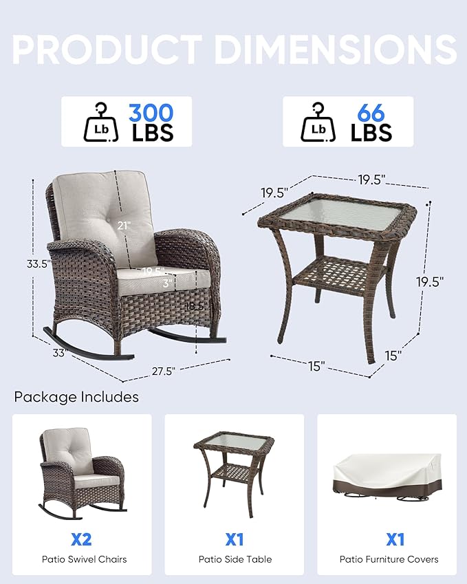 Outdoor Rocking Chairs Set of 2-Patio Table and Chairs Set Outdoor Conversation Furniture Sets for Deck Porch Garden Balcony Poolside-Brown/Beige