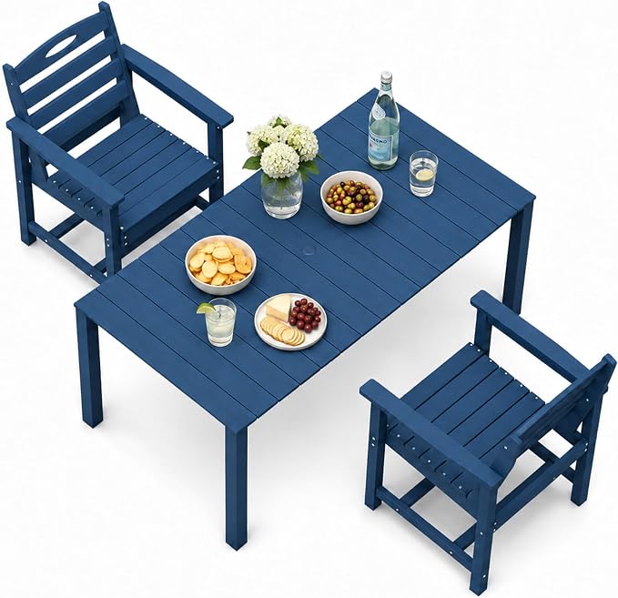 Domi HDPE Outdoor Dining Set, All-Weather 3 Piece Outdoor Dining Table Set with 2" Umbrella Hole, Outdoor Patio Dining Set for Garden, Poolside, Backyard, Deck, Blue