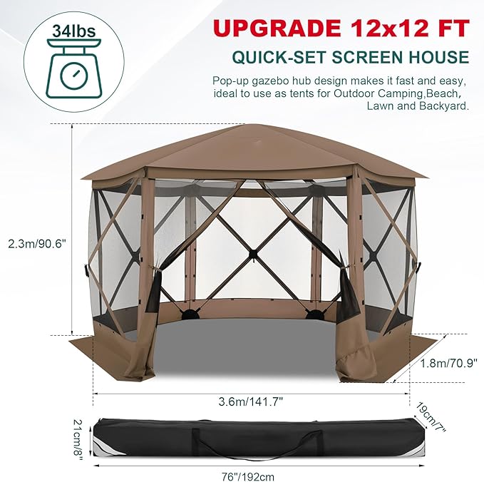 COBIZI 12x12 FT Pop Up Canopy Stargazing Tent, Gazebos On Clearance with Removable Roof, Screened in Gazebo, Screen Tents Portable carpas para Patio for Outdoor Camping,Backyard, Garden, Brown(Pro)