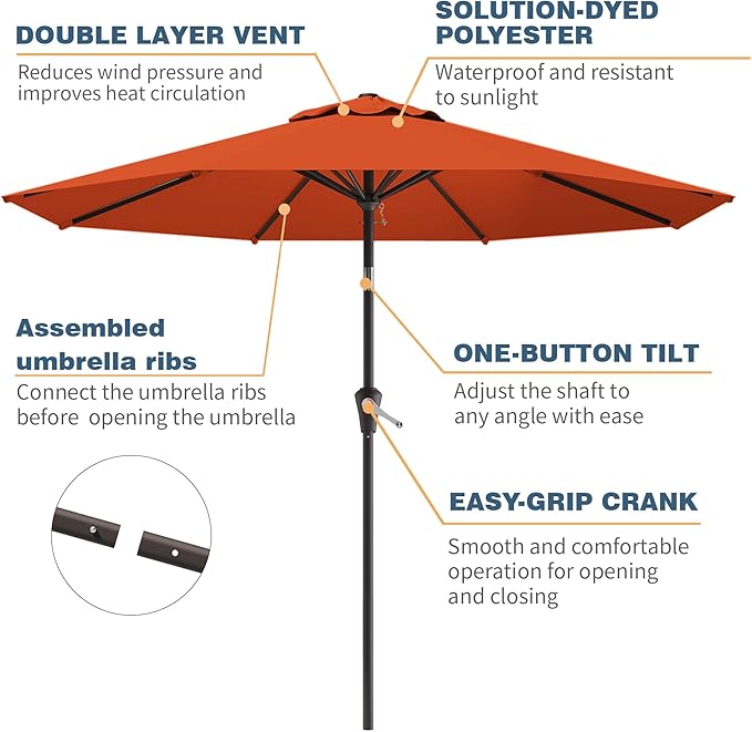 10FT Patio Umbrella, Outdoor Umbrella with Push Button Tilt and Crank, 8 Sturdy Ribs, UV Protection & Waterproof Market Umbrella for Pool, Backyard, Beach,Deck (Orange)