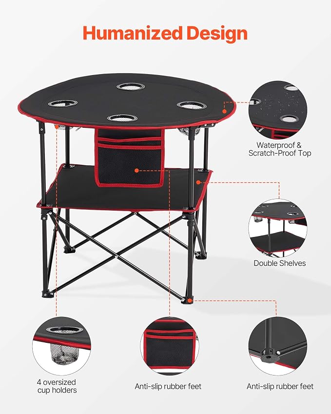 VEVOR Folding Camping Table, Portable Outdoor Lightweight Picnic Table, 600D Oxford Fabric Waterproof Canvas Travel Beach Tables, with 4 Cup Holders, Carry Bag, for Tailgating Camping Picnic, Black